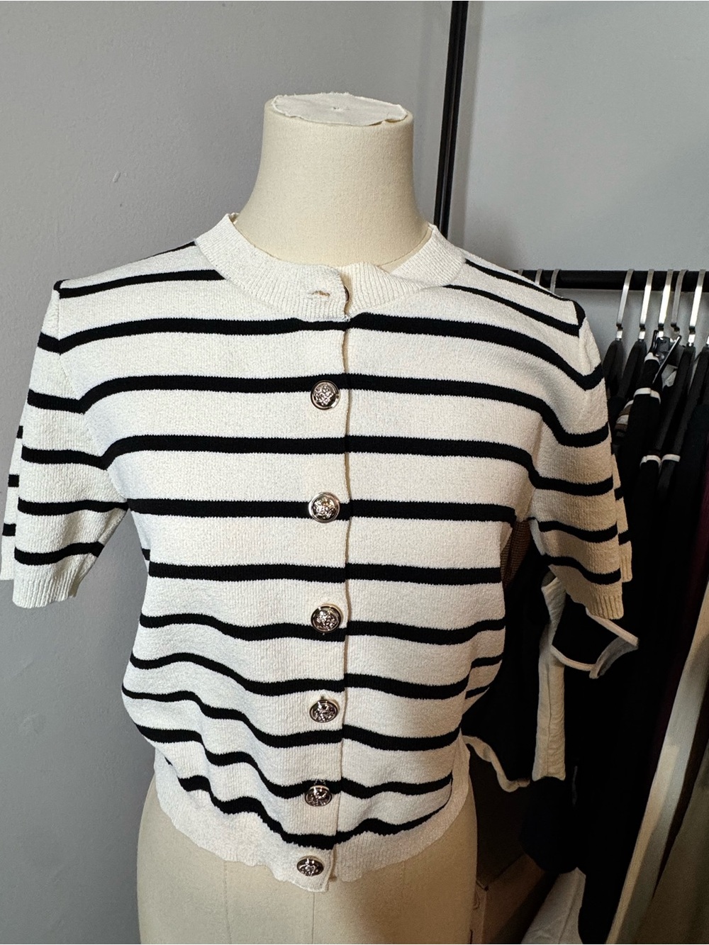 Double Zero Black & White Striped Short Sleeve Cardigan